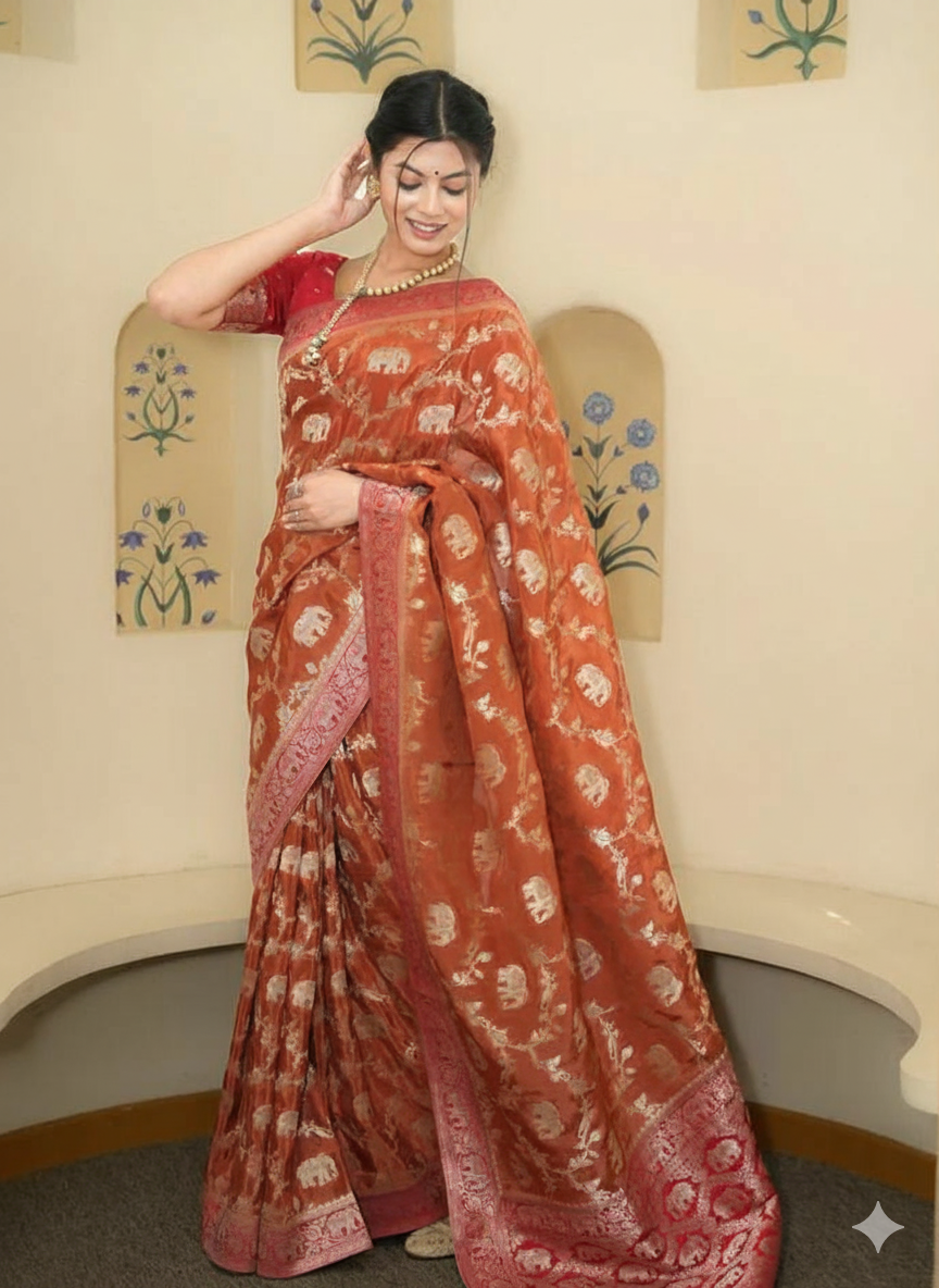 Red Pure Cotton Saree With Blouse Set For Women
