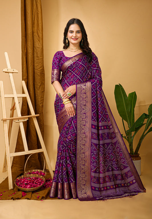 Bandhani Printed Zari Saree With Blouse Piece For Women