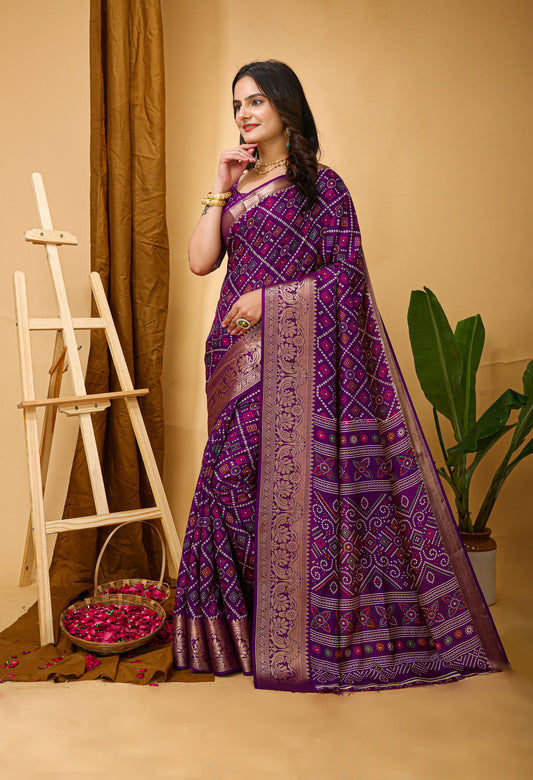 Bandhani Printed Zari Saree With Blouse Piece For Women